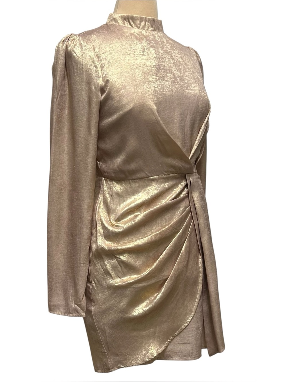Andrée by Unit Rose Gold Metallic Shimmer Faux Wrap Mini Dress S - Picture 5 of 8